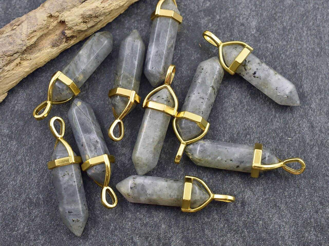 40mm Gold Tone Natural Labradorite Double Terminated Bullet Pendant